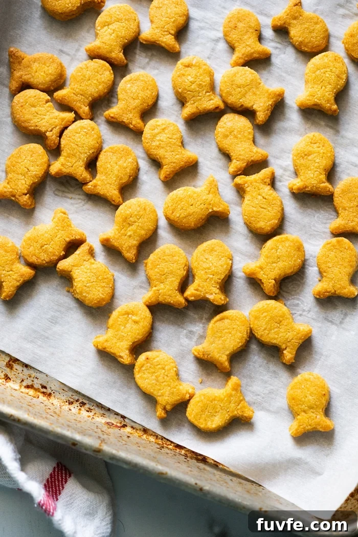 Keto goldfish crackers on a baking tray