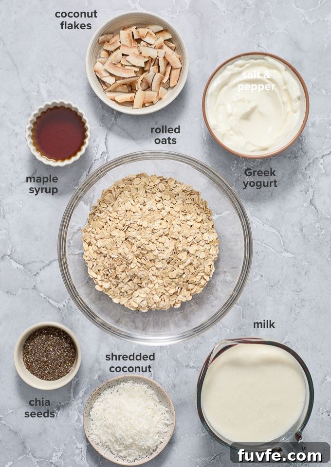Coconut chia overnight oats recipe ingredients.