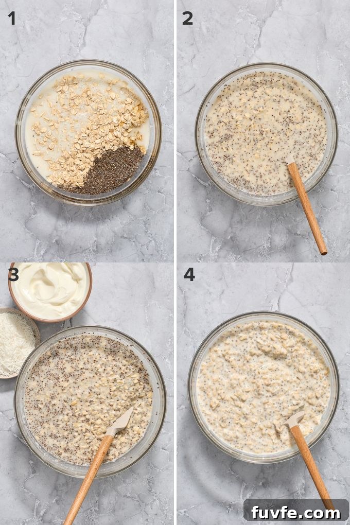 How to make coconut overnight oats with chia seeds and Greek yogurt.