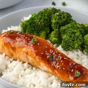 Crispy Oven-Baked Teriyaki Salmon Recipe with Sticky Glaze 8 Teriyaki Salmon on a bed of rice