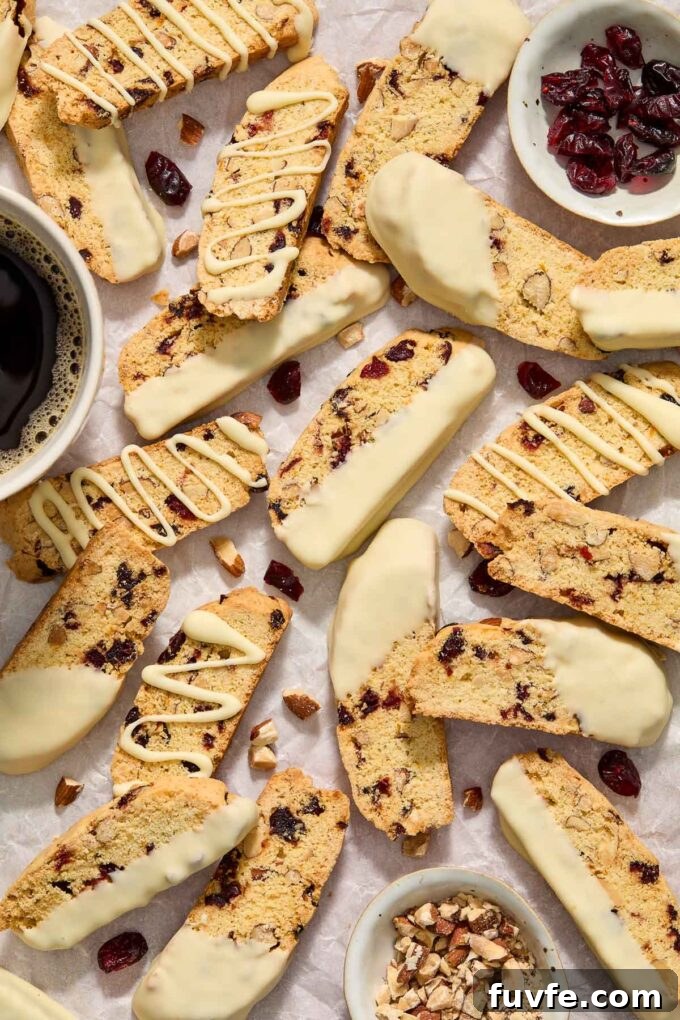Homemade Cranberry Orange Biscotti Recipe 3 Cranberry almond biscotti on parchment with mug of coffee.