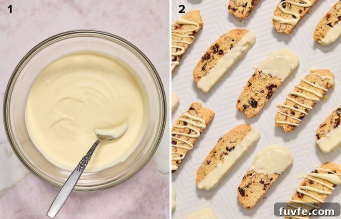 How to dip cranberry biscotti in white chocolate.