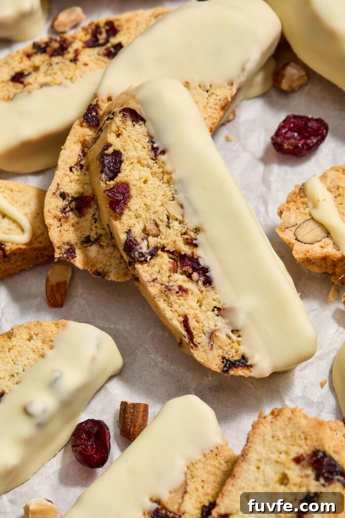 White chocolate cranberry orange biscotti with dried cranberries alongside.