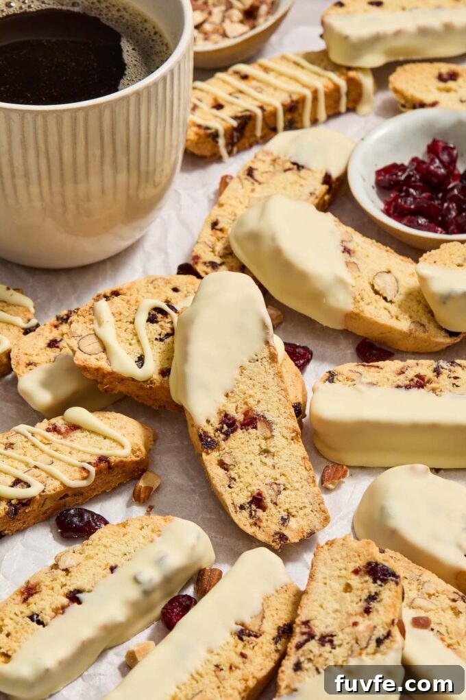 Biscotti with cranberries and almonds alongside a mug of coffee.