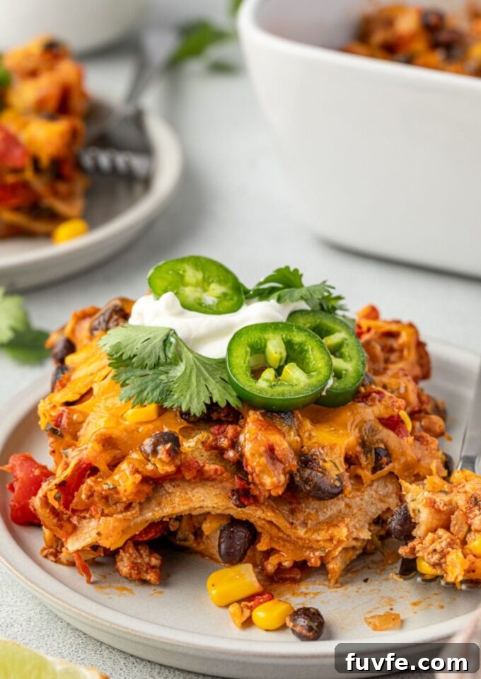 Cheesy Mexican Tortilla Casserole with Beans 2 Serving of Mexican tortilla casserole topped with sour cream and jalapeno
