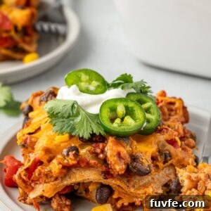 Cheesy Mexican Tortilla Casserole with Beans 9 Serving of Mexican tortilla casserole topped with sour cream and jalapeno