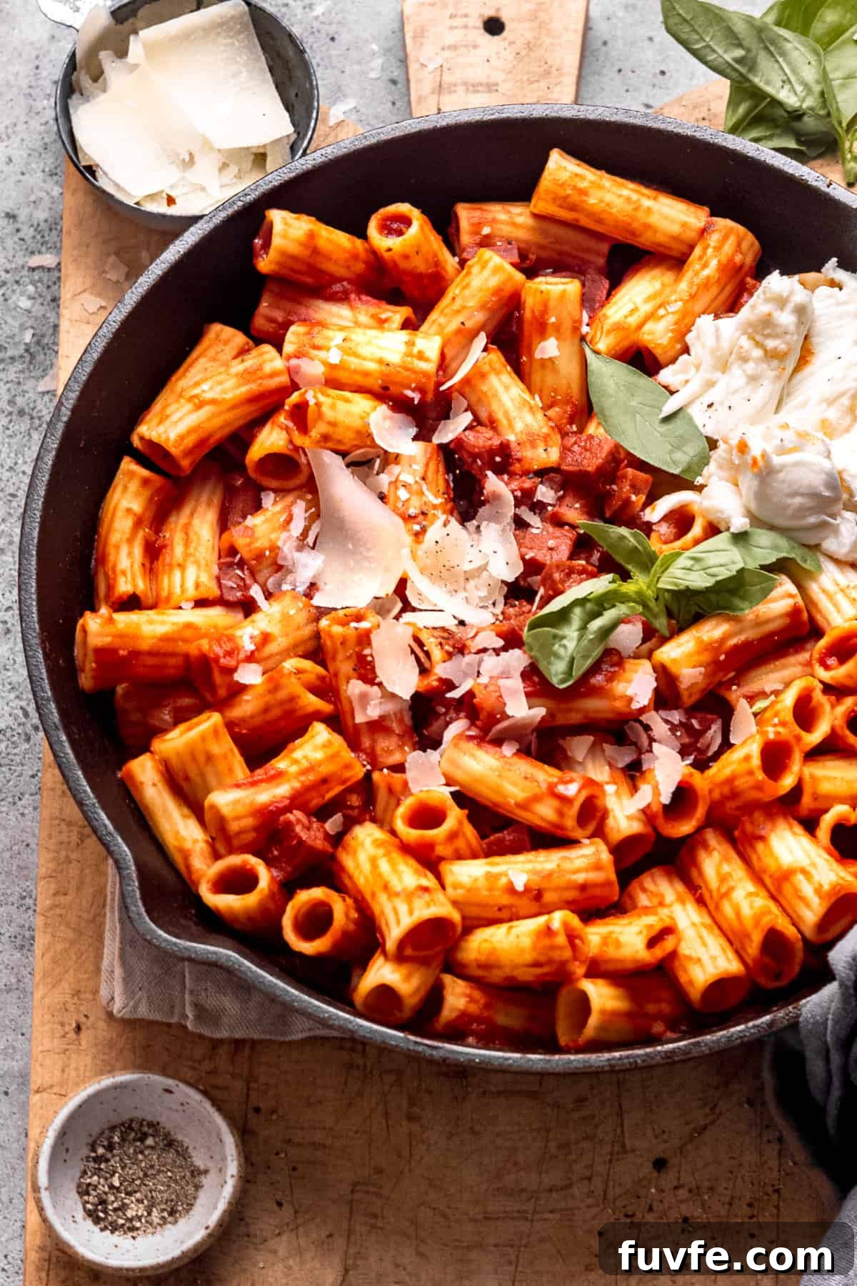 Chorizo pasta with mozzarella.