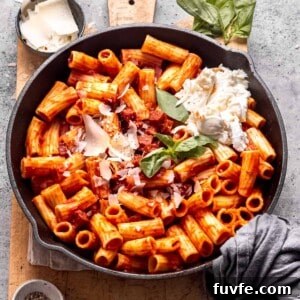 Chorizo pasta with mozzarella.