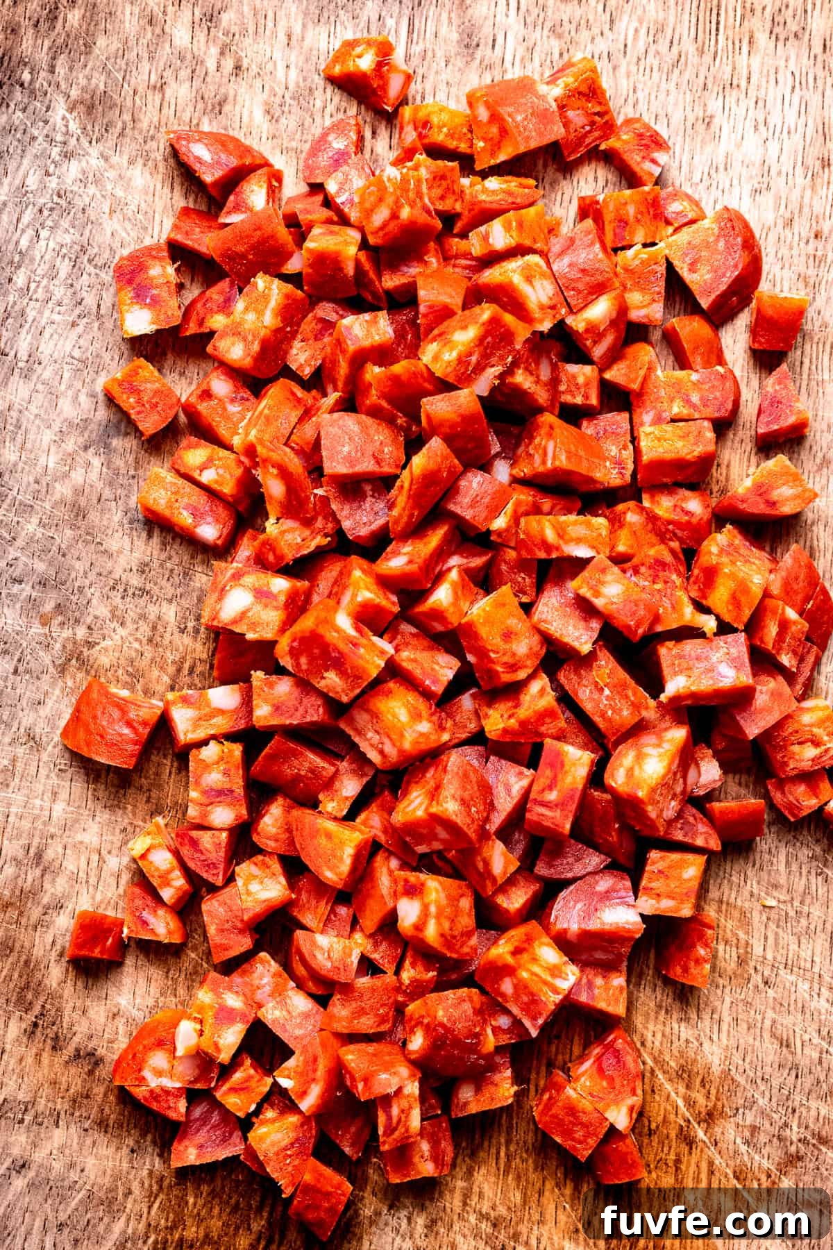 Chopped chorizo on a cutting board.
