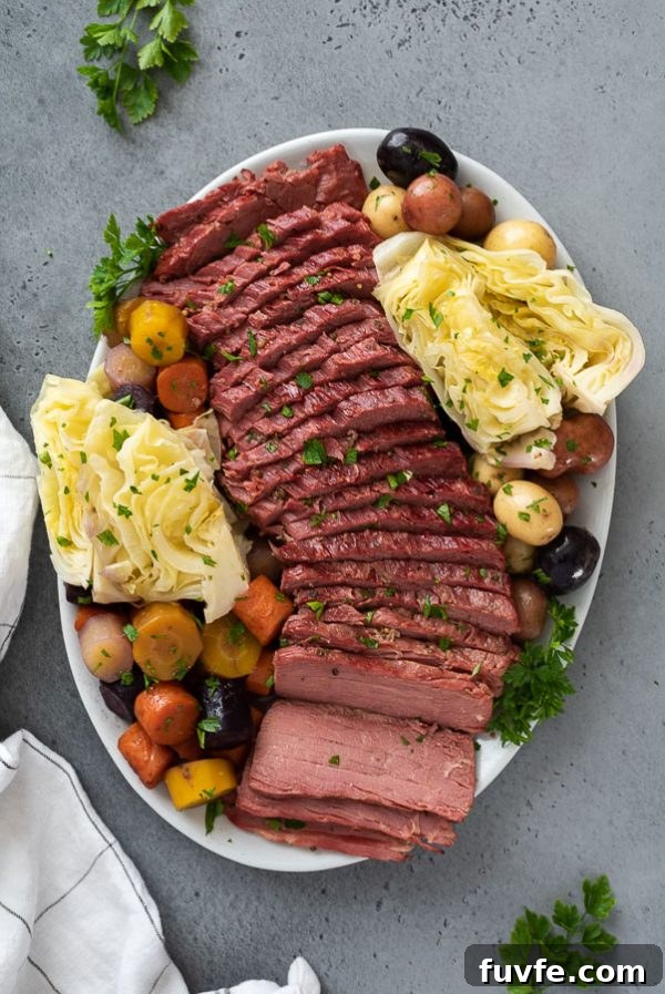 close up overhead shot of corned beef and cabbage platter