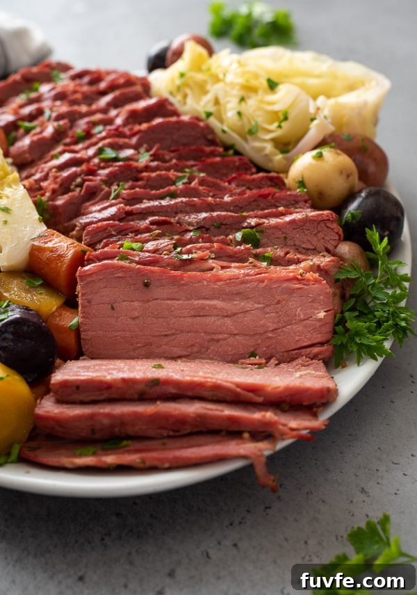 close up front shot of instant pot corned beef and cabbage on a white platter