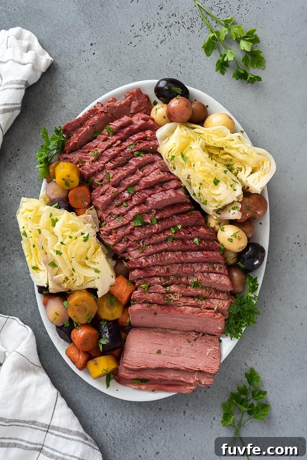 distant overhead shot of corned beef and cabbage platter