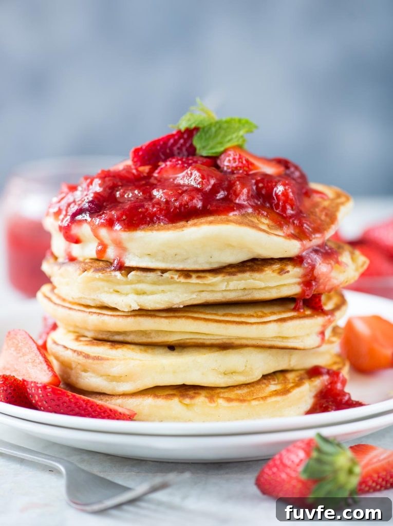 Fluffy Ricotta Pancakes with Strawberry Sauce