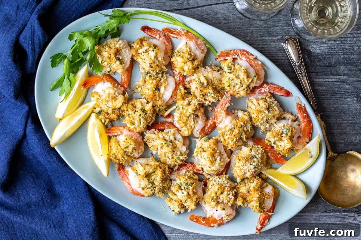 Oven-Baked Stuffed Shrimp with Garlic Herb Breadcrumbs 10 platter of crab stuffed shrimp next to blue napkin, serving spoon, and wine glass.