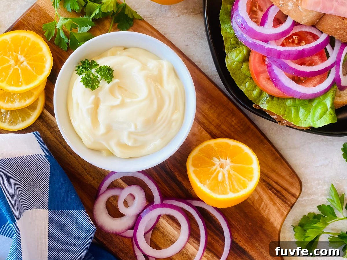 Homemade Mayonnaise Recipe: Smooth, Creamy, and Stable 6 homemade mayonaise recipe in a bowl garnished with parsley.