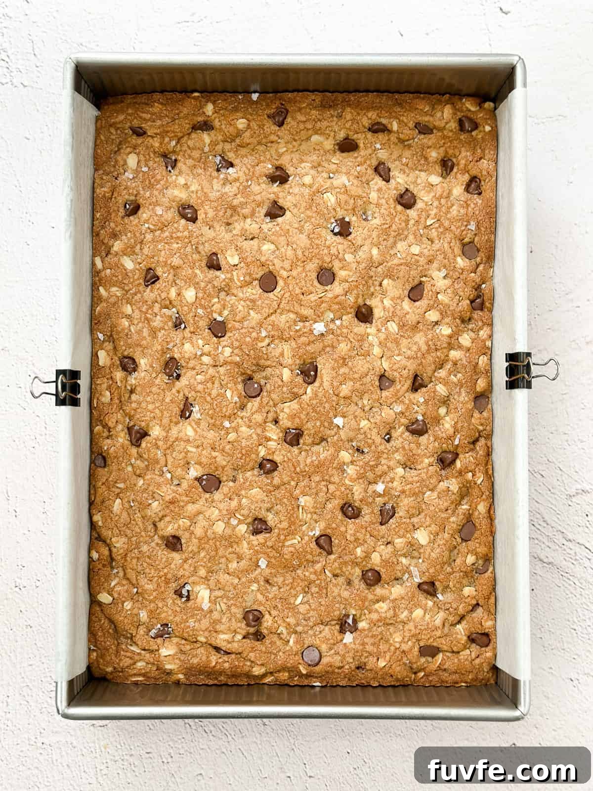 brown butter oatmeal cookie bars right after baking.