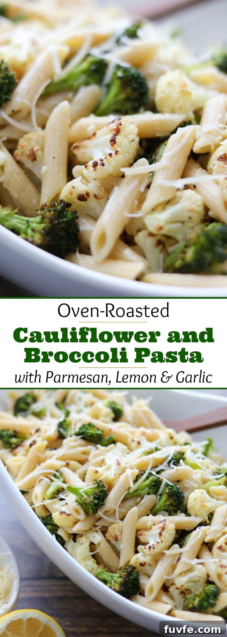 An easy, deeply flavorful pasta recipe featuring roasted cauliflower and broccoli - plus parmesan cheese, garlic and bright lemon juice to round out the salty-umami-tangy symphony of tastes. Deceptively simple: a 30-minute meal with just a few ingredients that add up to surprisingly big, big flavors! And with all the roasted broccoli and cauliflower, it's a quick meal-in-one perfect for busy nights or Meatless Monday! A quick vegetarian dinner your family will love!