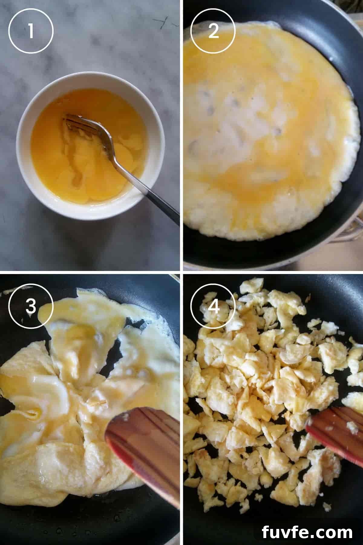 Four images showing beating and scrambling the eggs.