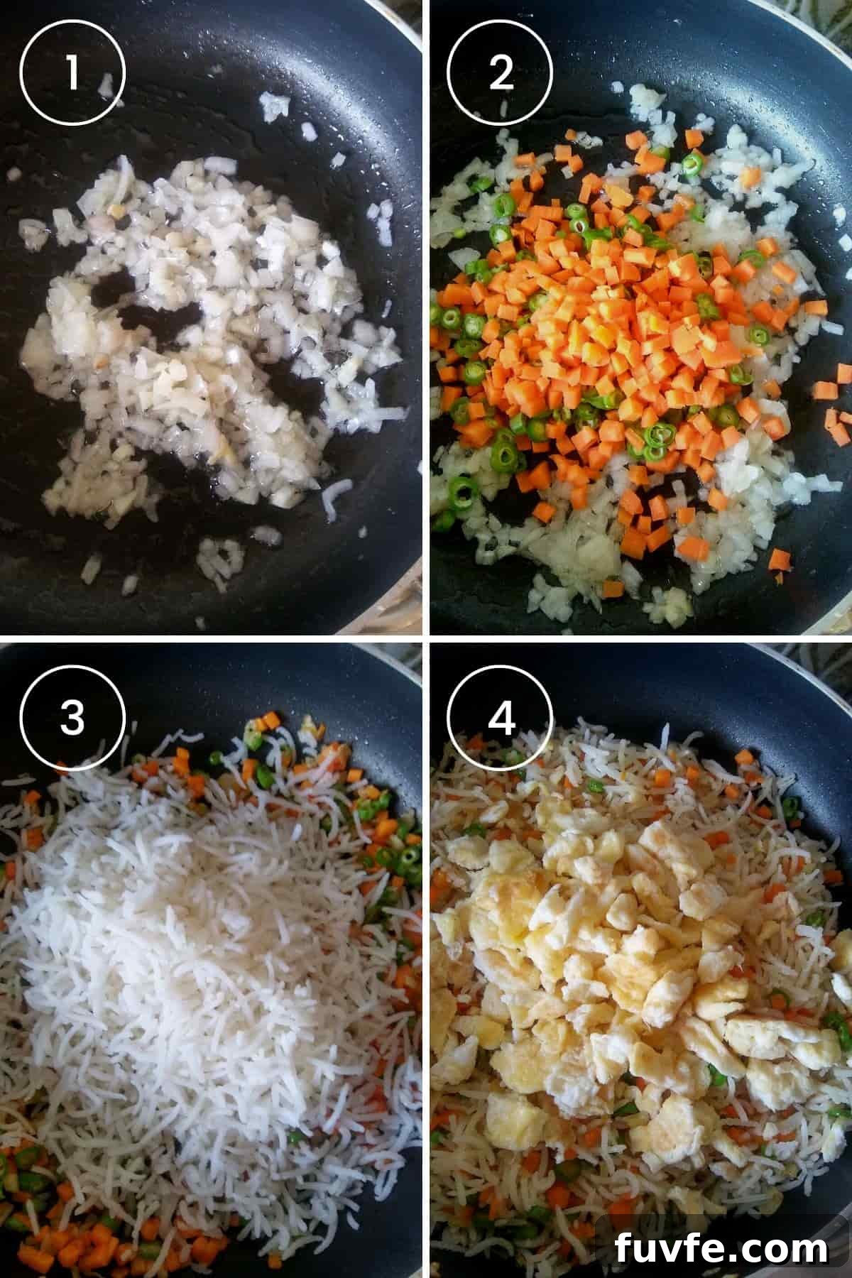 Four images showing sautéing aromatics, stir frying veggies, adding rice, and scrambled eggs.
