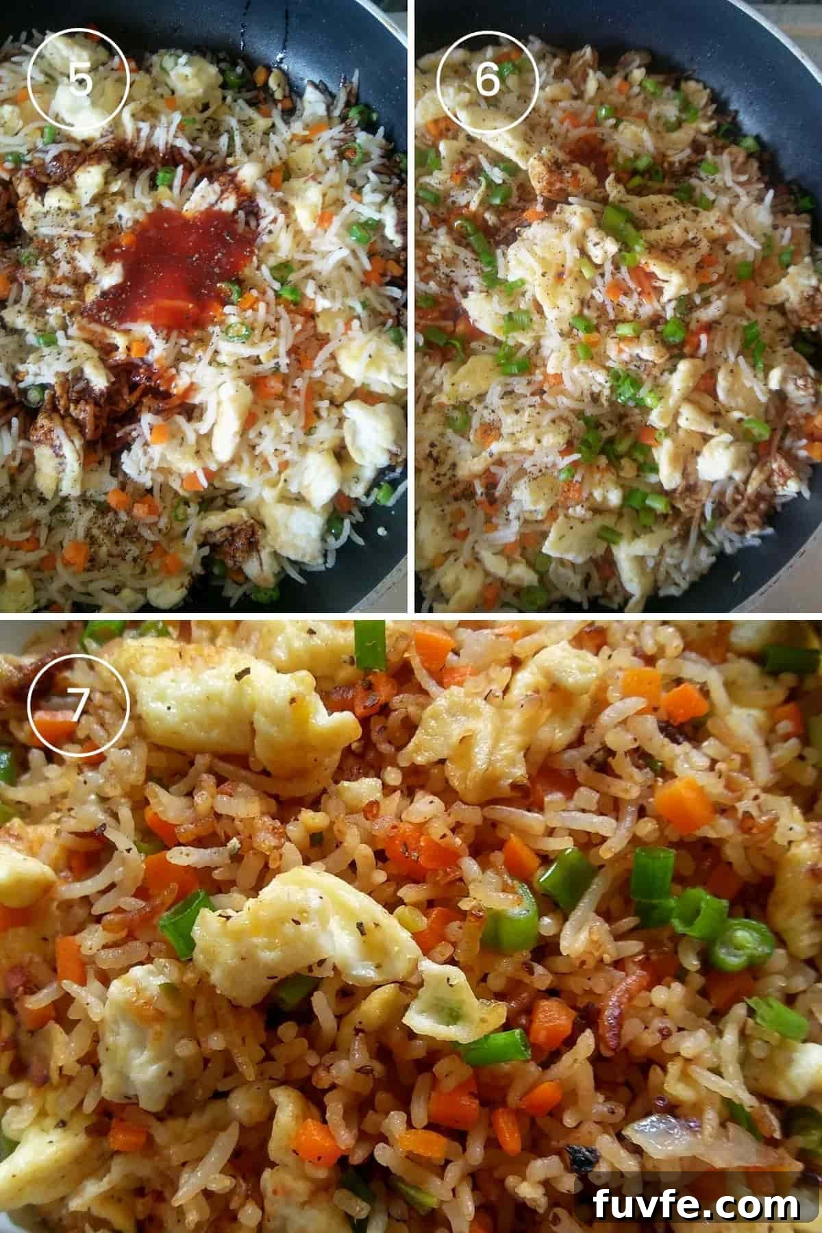 Three images showing sautéing the rice with scrambled eggs, sauces, and seasoning. 