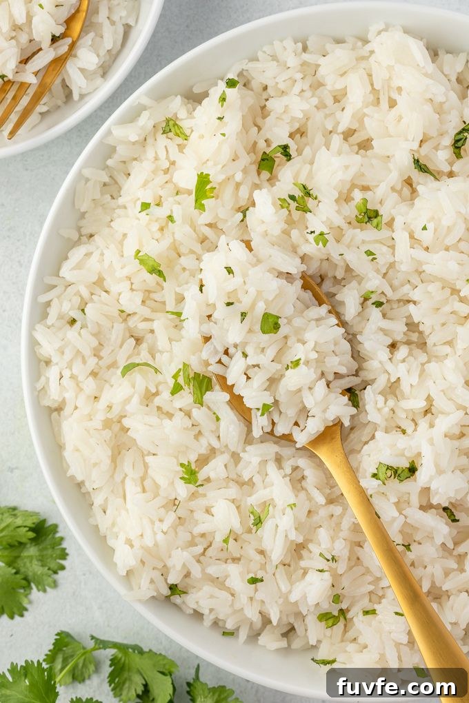 How to Make Coconut Rice (Creamy Jasmine Rice) 7 Coconut rice in a white bowl with cilantro and a spoon