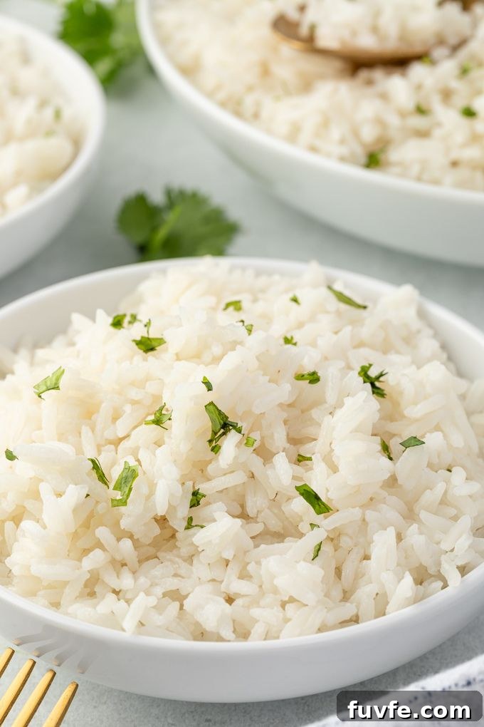 How to Make Coconut Rice (Creamy Jasmine Rice) 8 Creamy coconut rice in a bowl with chopped cilantro
