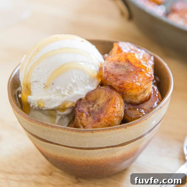 Caramelized Honey Pan-Fried Bananas Recipe 2 Pan Fried Bananas in Bowl with Vanilla Ice Cream and Honey Drizzle