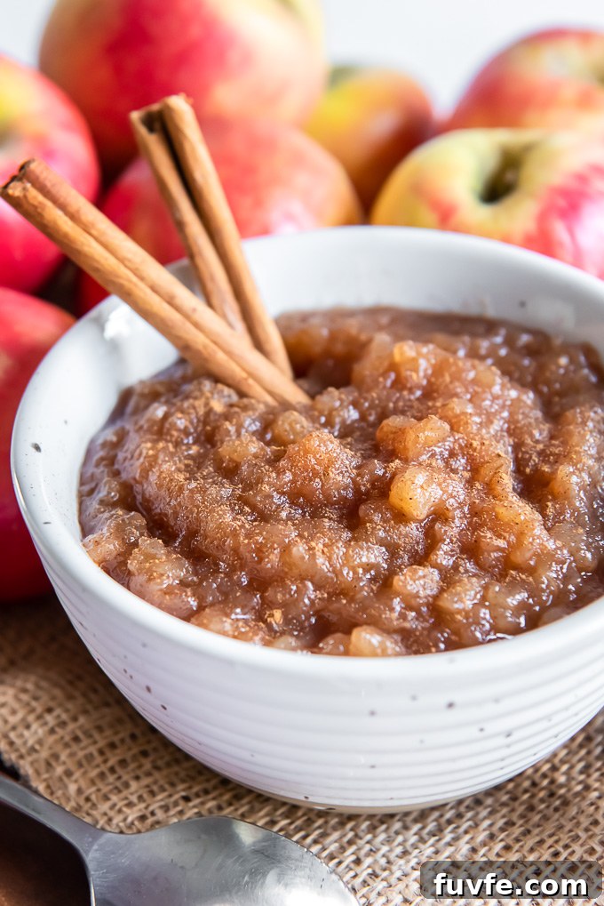 Homemade applesauce in a white bowl with cinnamon on top