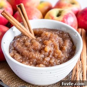 Homemade applesauce in a white bowl with cinnamon sticks