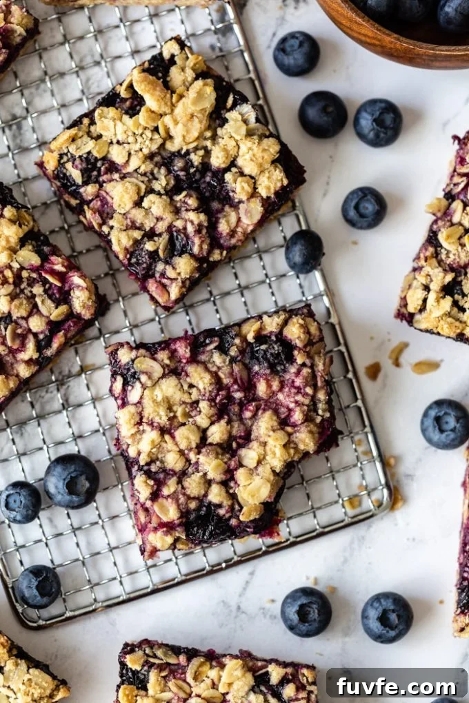 Chewy Blueberry Crumble Bars with Golden Oat Topping 3 blueberry crumble bars on a silver rack with blueberries around