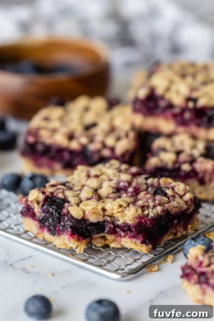 Chewy Blueberry Crumble Bars with Golden Oat Topping 5 blueberry crumble bars on a silver rack with blueberries around