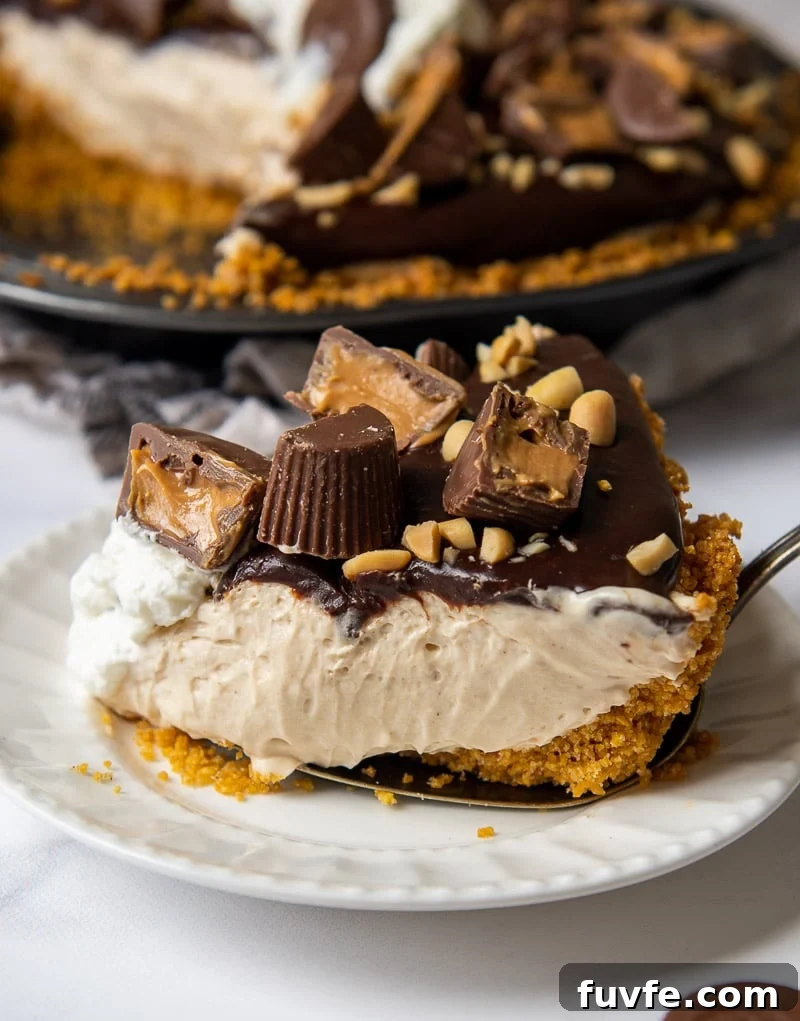 Decadent Chocolate Peanut Butter Pie Recipe for Parties 2 a slice of chocolate peanut butter pie on a white plate with a pie server