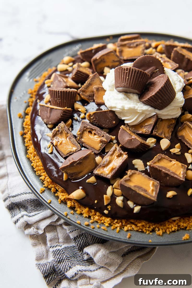 Decadent Chocolate Peanut Butter Pie Recipe for Parties 5 whole chocolate peanut butter pie with reeses peanut butter cups on top