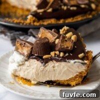 Decadent Chocolate Peanut Butter Pie Recipe for Parties 6 a slice of chocolate peanut butter pie on a white plate with a pie server