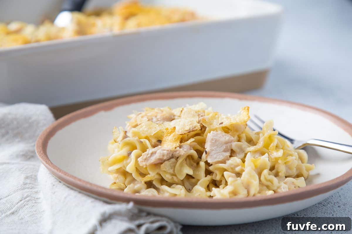 tuna noodle casserole on a white dish with a brown rim.