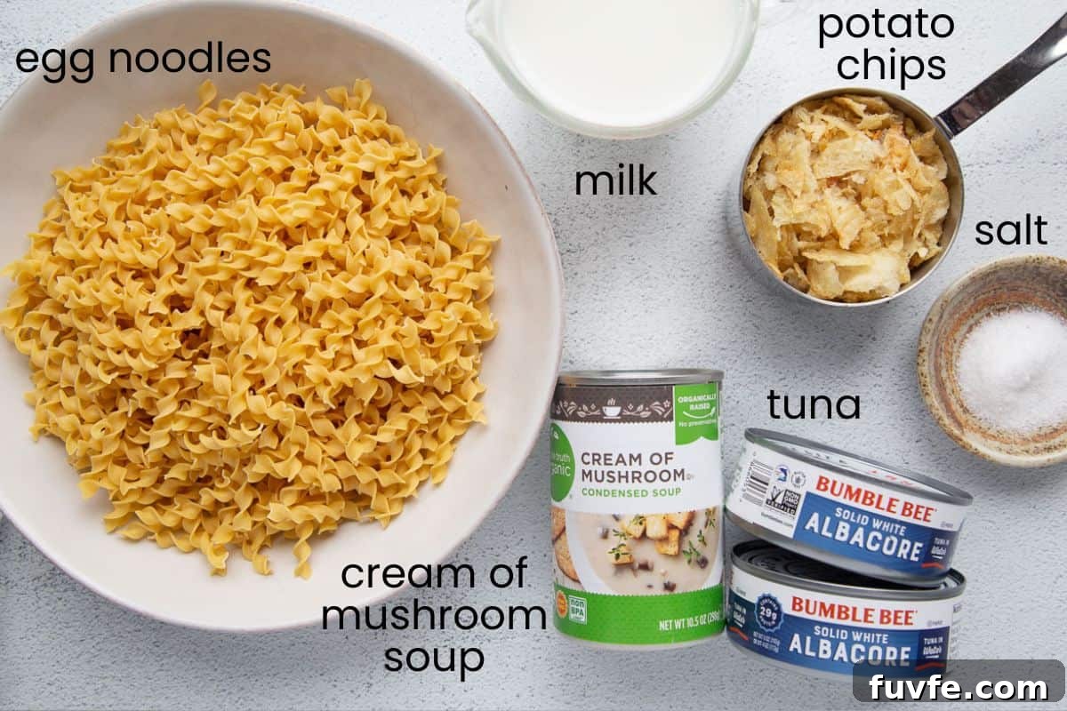 egg noodles, potato chips, tuna, and other ingredients.