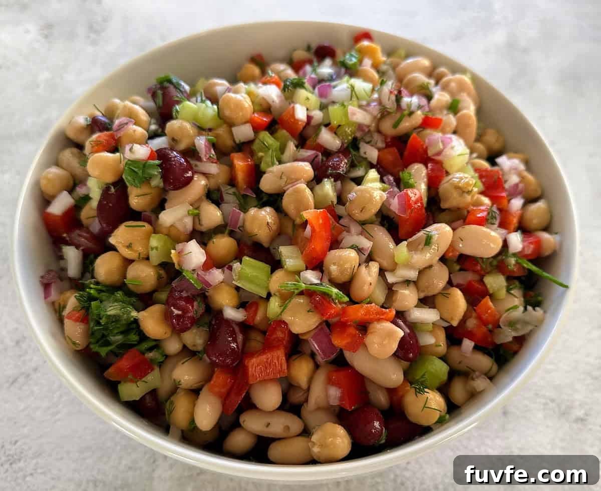 Oil-Free Bean Salad with Zesty Vinaigrette 4 Vegan bean salad in a bowl on the counter.