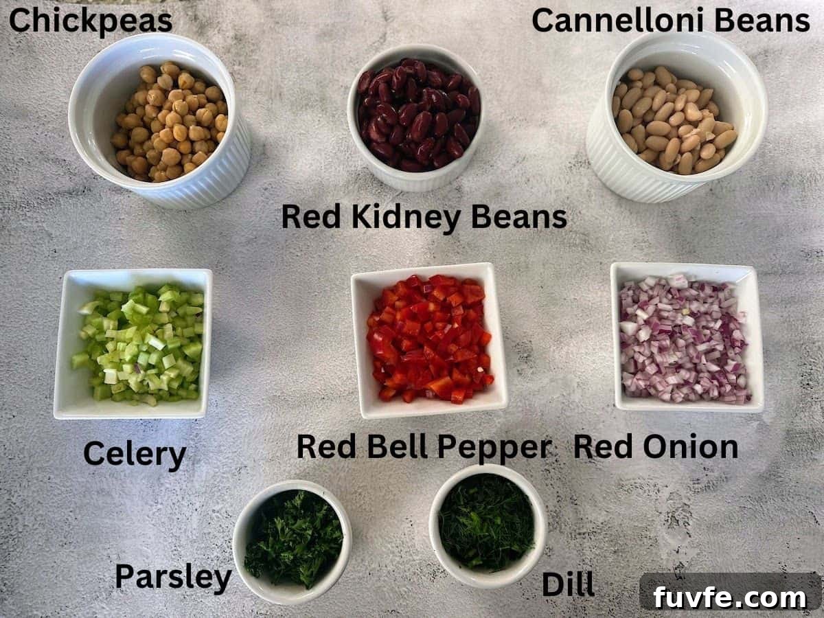 Oil-Free Bean Salad with Zesty Vinaigrette 5 Bean salad ingredients: chickpeas, red kidney beans, cannelloni beans, celery, red bell pepper, red onion, parsley and dill.