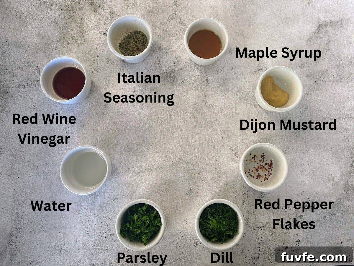 Oil-Free Bean Salad with Zesty Vinaigrette 6 Dressing ingredients: red wine vinegar, water, parsley, dill, red pepper flakes, dijon mustard, maple syrup, and Italian seasoning.