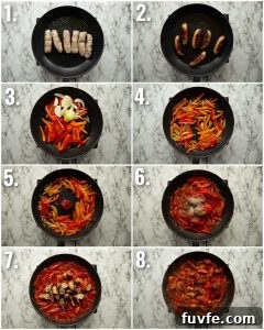 8 step by step photos showing how to make sausage and peppers