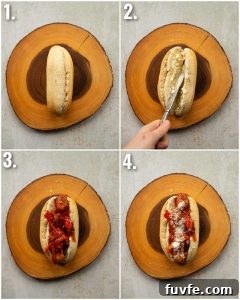 4 step by step photos showing how to make sausage and peppers sandwich