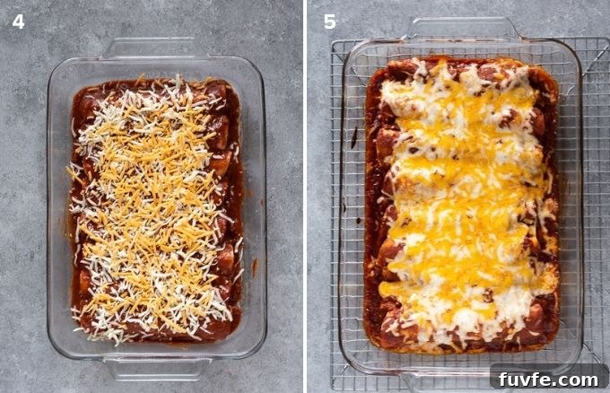 Homemade Chicken Enchiladas Recipe with Cheesy Sauce 5 Chicken enchiladas before and after baking