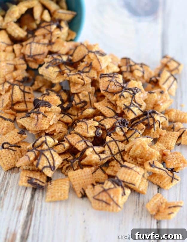 chex coated with caramel and drizzled with chocolate