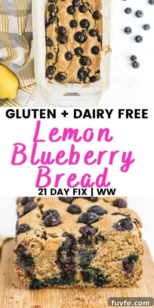 Lemon Blueberry Quick Bread Recipe for Moist Zesty Loaves 8 Pinterest image with text overlay Gluten and Dairy Free free Lemon Blueberry Bread
