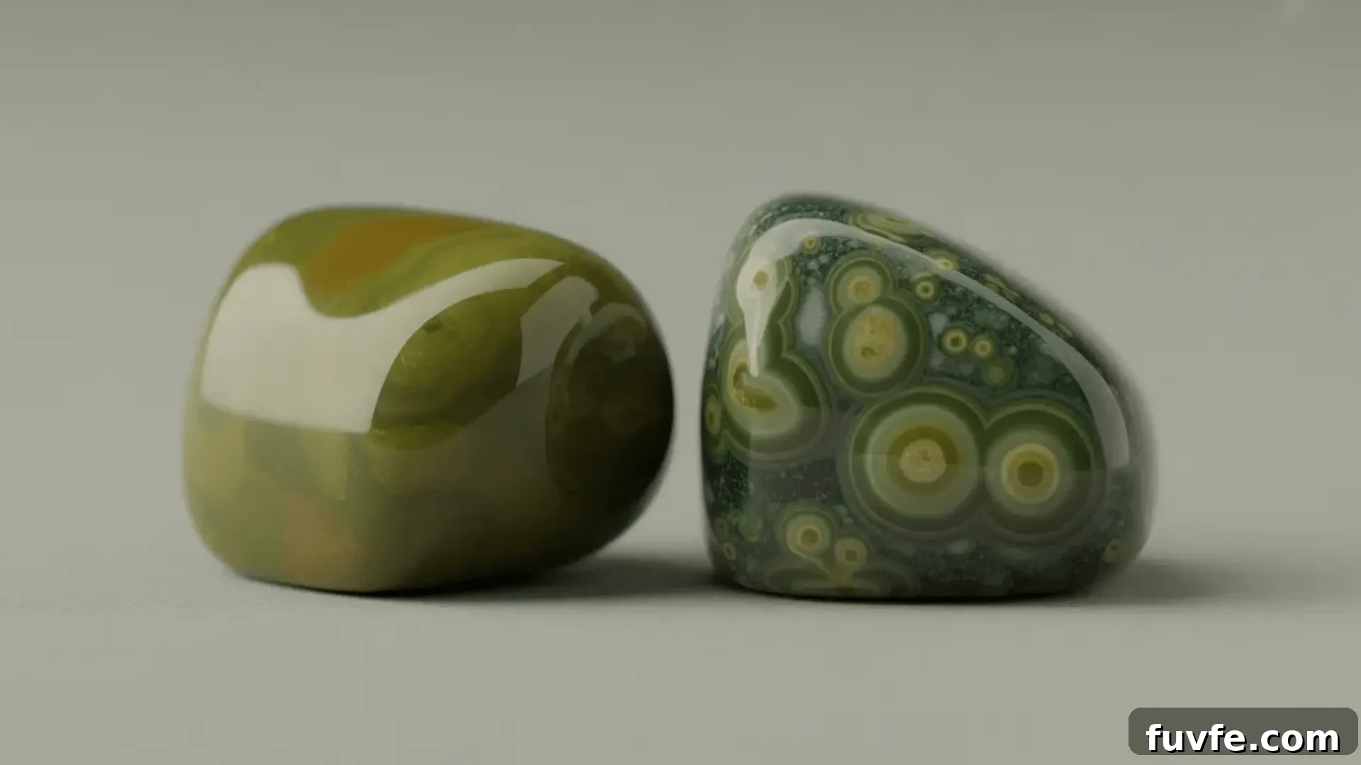 Jasper Stone Colors, Varieties and Jewelry Uses 5 Green jasper stone and Kambaba jasper with circular patterns placed side by side on a neutral background