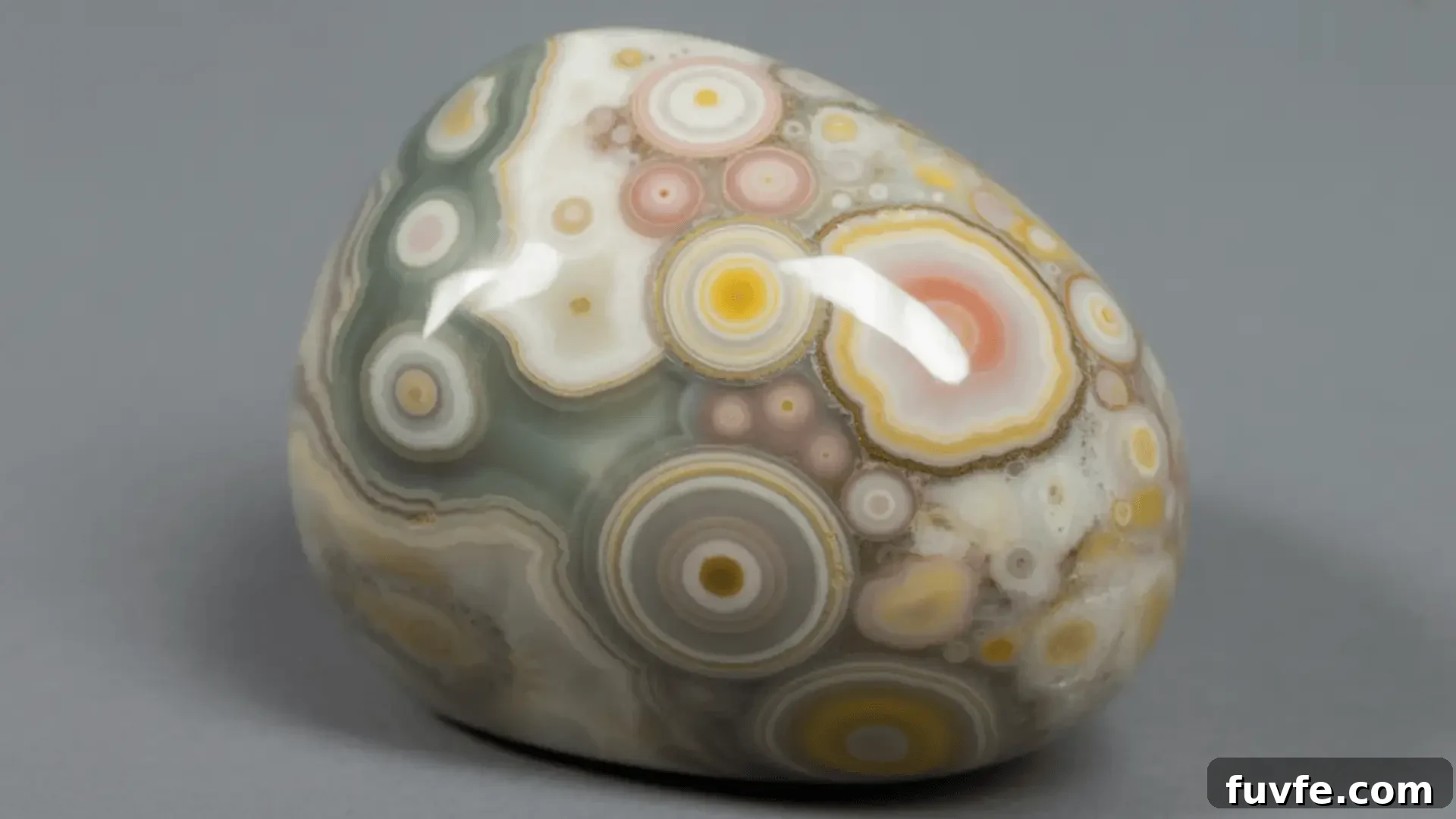 Jasper Stone Colors, Varieties and Jewelry Uses 6 Polished ocean jasper with circular patterns in white, green, pink, and yellow on a neutral background
