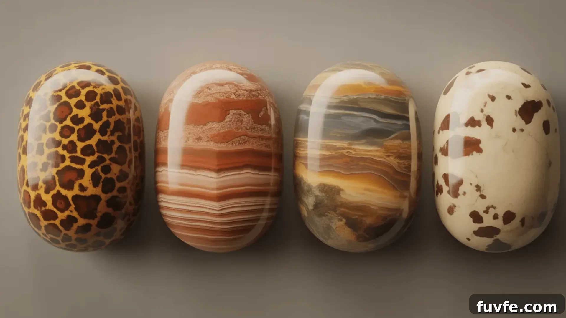 Jasper Stone Colors, Varieties and Jewelry Uses 8 Four jasper stones showing spotted, landscape, scenic, and cream with dark spot patterns arranged on a neutral surface