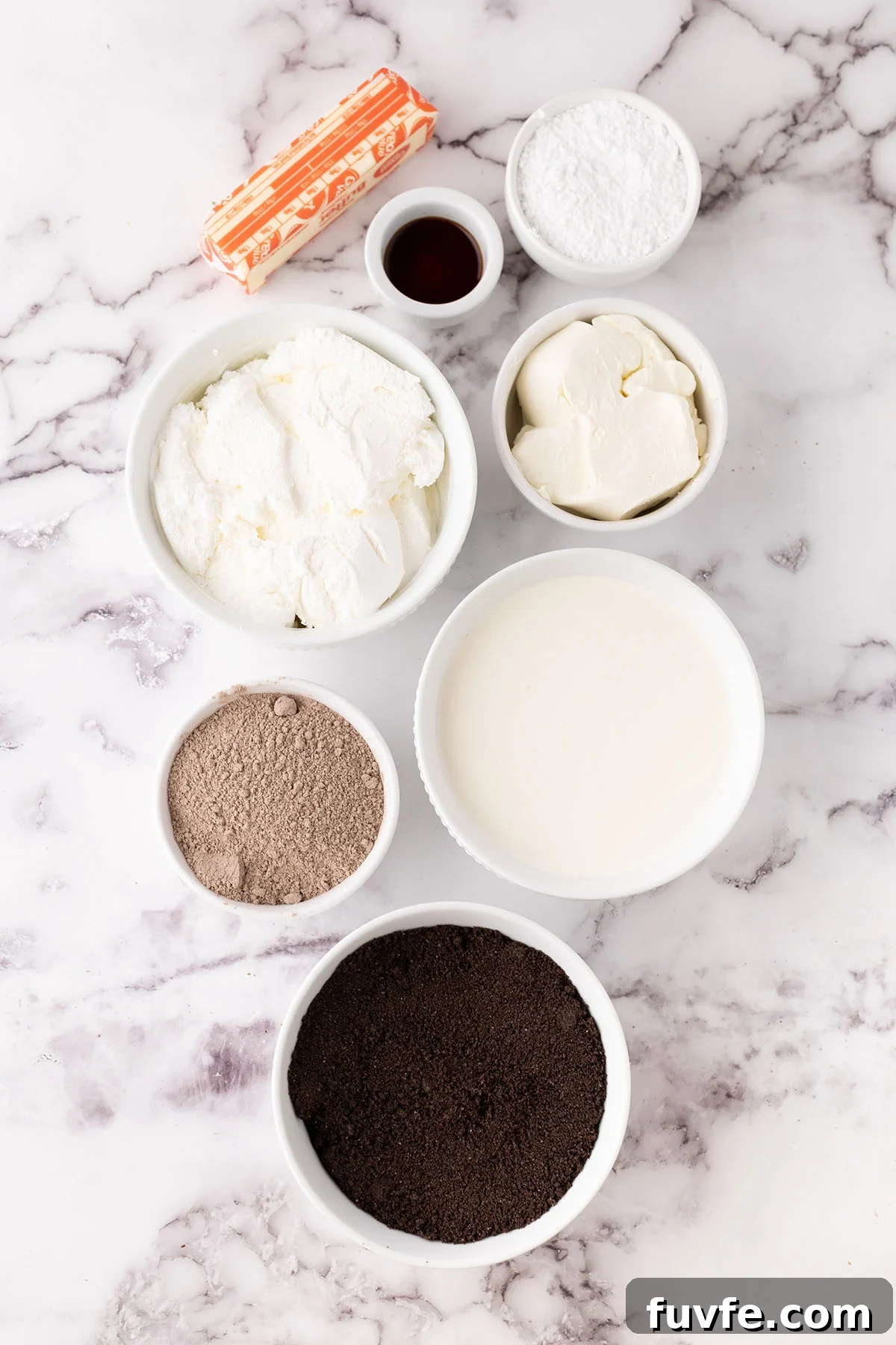 Ingredients to make chocolate lasagna set out on the counter.