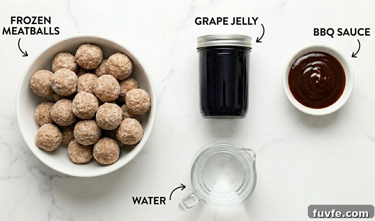 Instant Pot Grape Jelly Meatballs Recipe—Sweet & Tangy Party Appetizer 3 Ingredients for recipe on white marble background- frozen meatballs, bbq sauce, water, jelly.