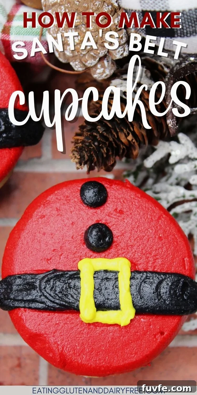 A Santa belt cupcake close-up with text overlay.